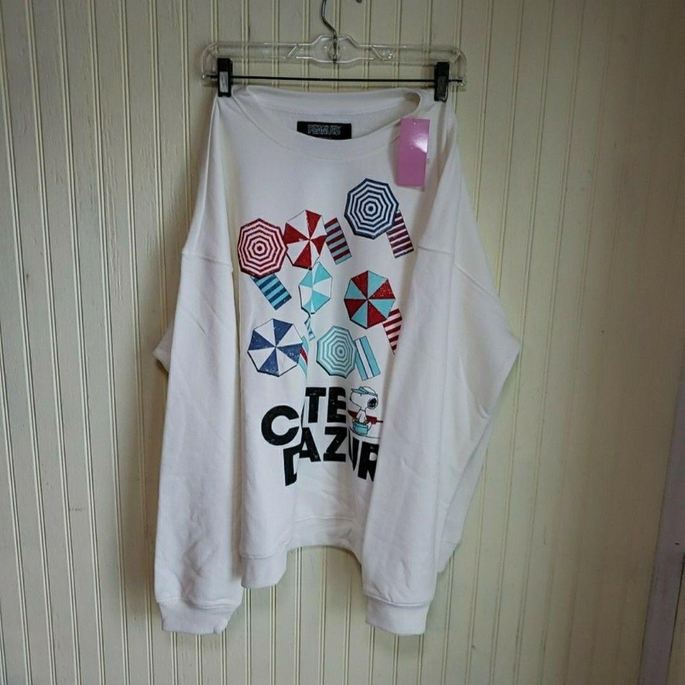 Peanuts Sweatshirt Womens XL White Cote D'Azur Snoopy Beach Graphic‎ Pullover